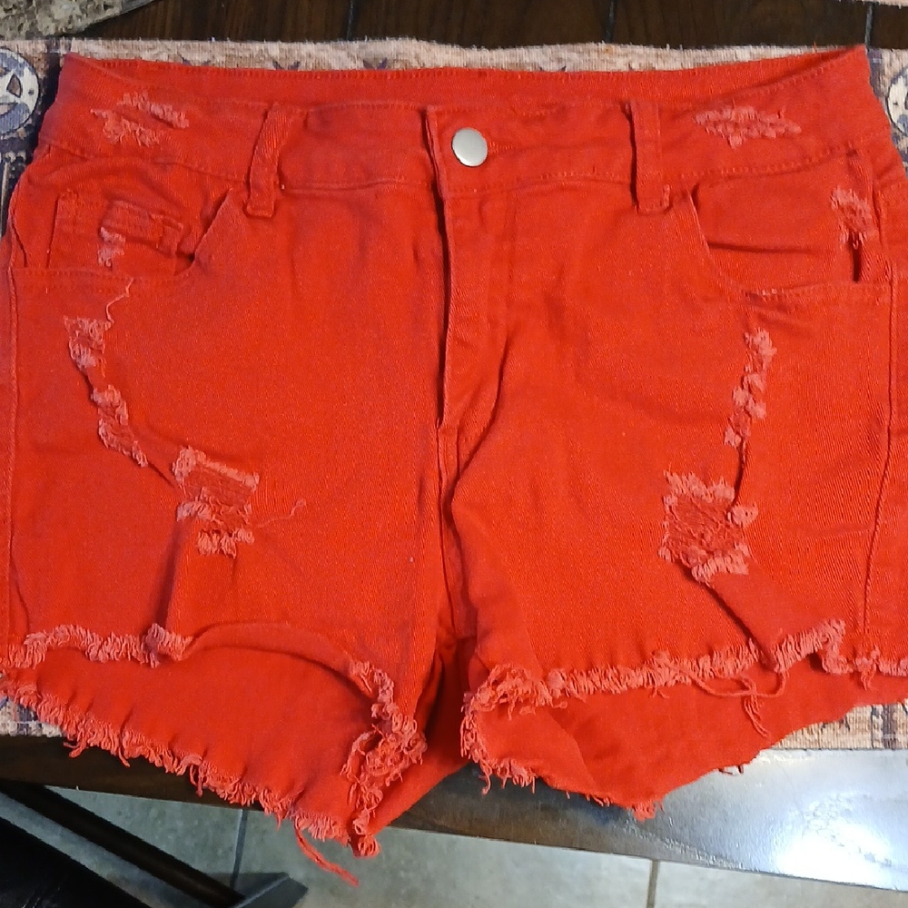 🧡Shein Women's Red Distressed Denim Shorts